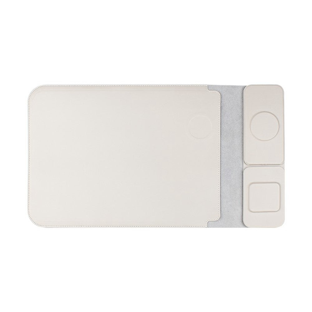 S112 3-in-1 Multifunctional PU Leather Laptop Sleeve with Magnetic Wireless 15W Fast Charging Pad Stand for Phone Earbuds