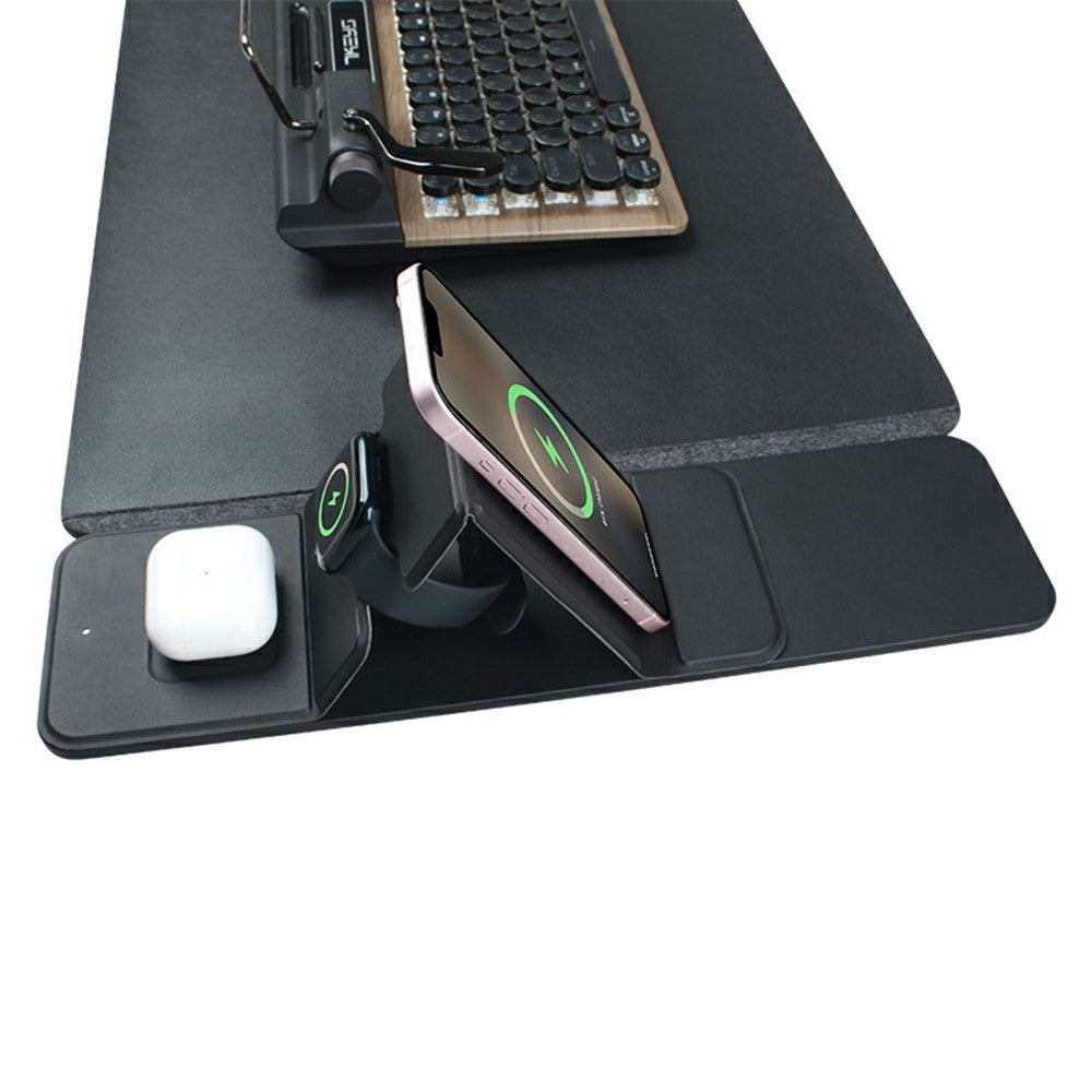 S111 3-in-1 Magnetic Wireless Charger Office Desktop Pad 15W Fast Charging Mouse Pad for Phone Watch Earbuds