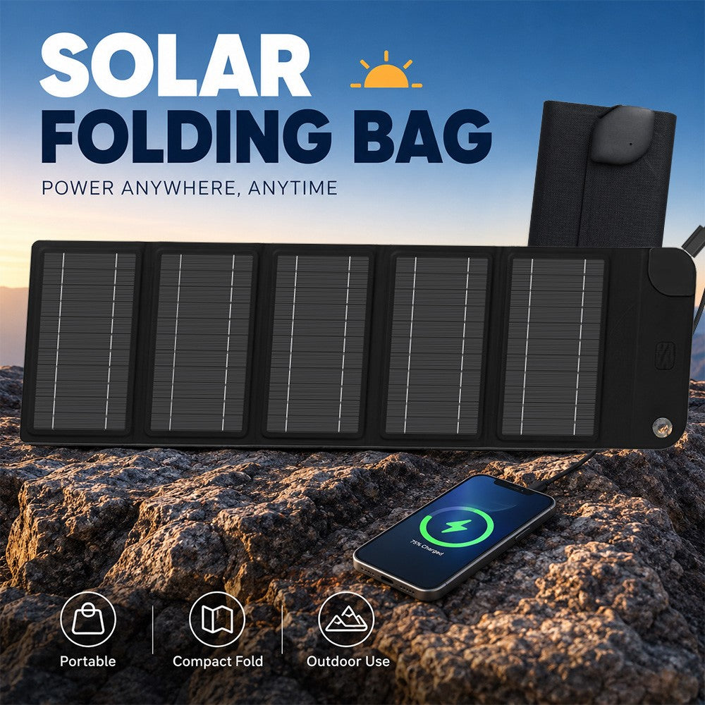 12W Solar Panel Charger 5-Fold Portable Solar Power Bank with USB-C Output for Outdoor Camping
