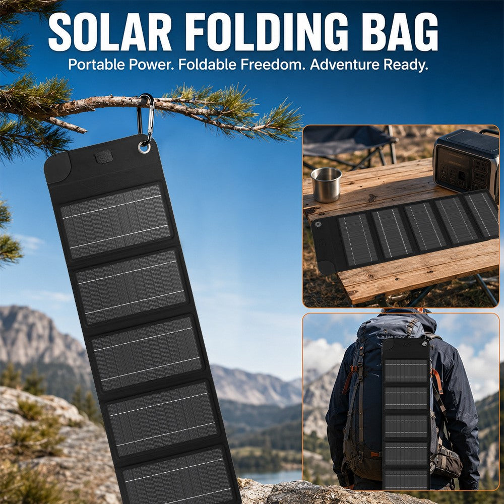 12W Solar Panel Charger 5-Fold Portable Solar Power Bank with USB-C Output for Outdoor Camping