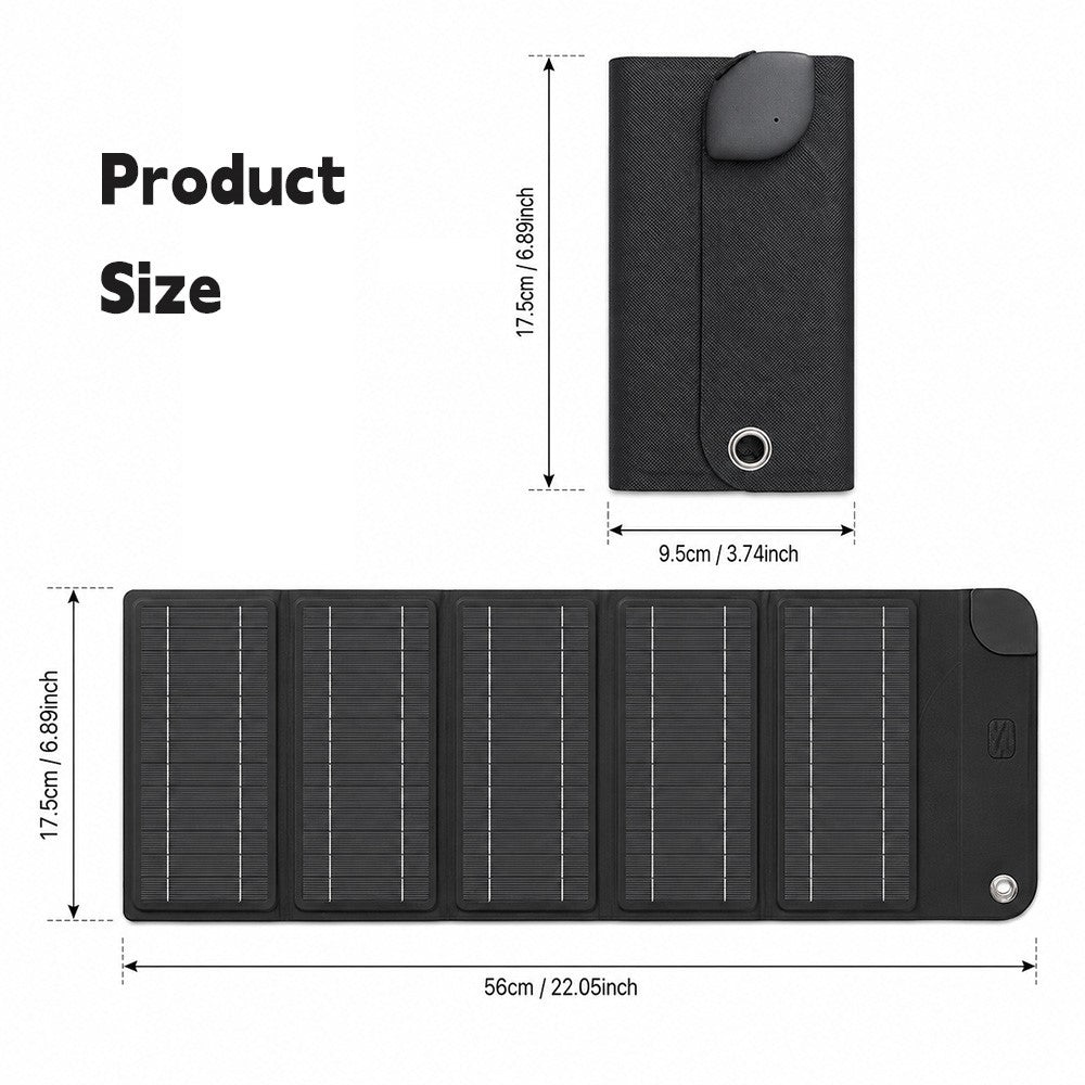 12W Solar Panel Charger 5-Fold Portable Solar Power Bank with USB-C Output for Outdoor Camping