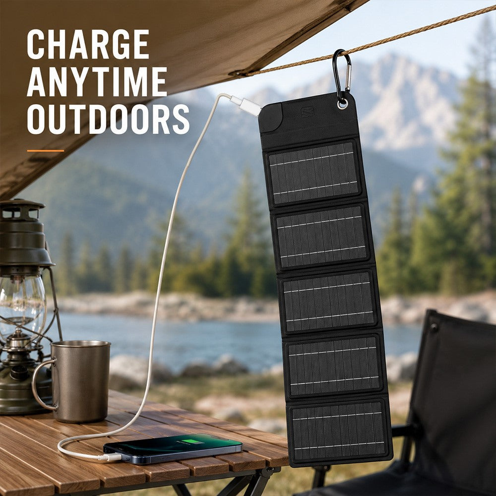 12W Solar Panel Charger 5-Fold Portable Solar Power Bank with USB-C Output for Outdoor Camping