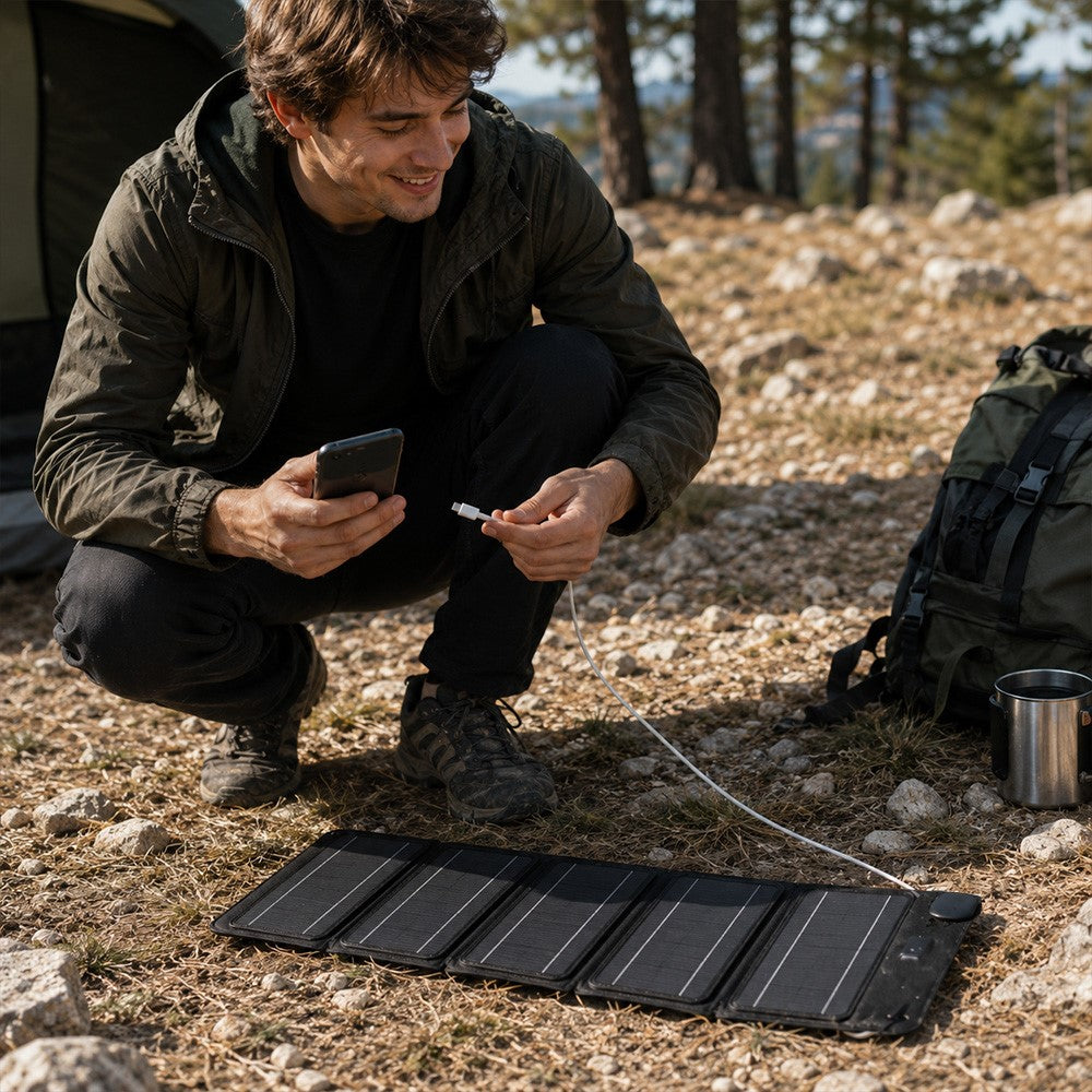 12W Solar Panel Charger 5-Fold Portable Solar Power Bank with USB-C Output for Outdoor Camping
