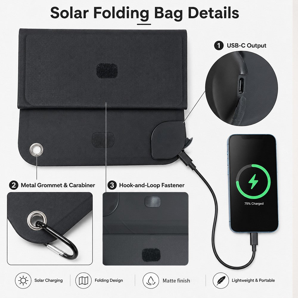 12W Solar Panel Charger 5-Fold Portable Solar Power Bank with USB-C Output for Outdoor Camping