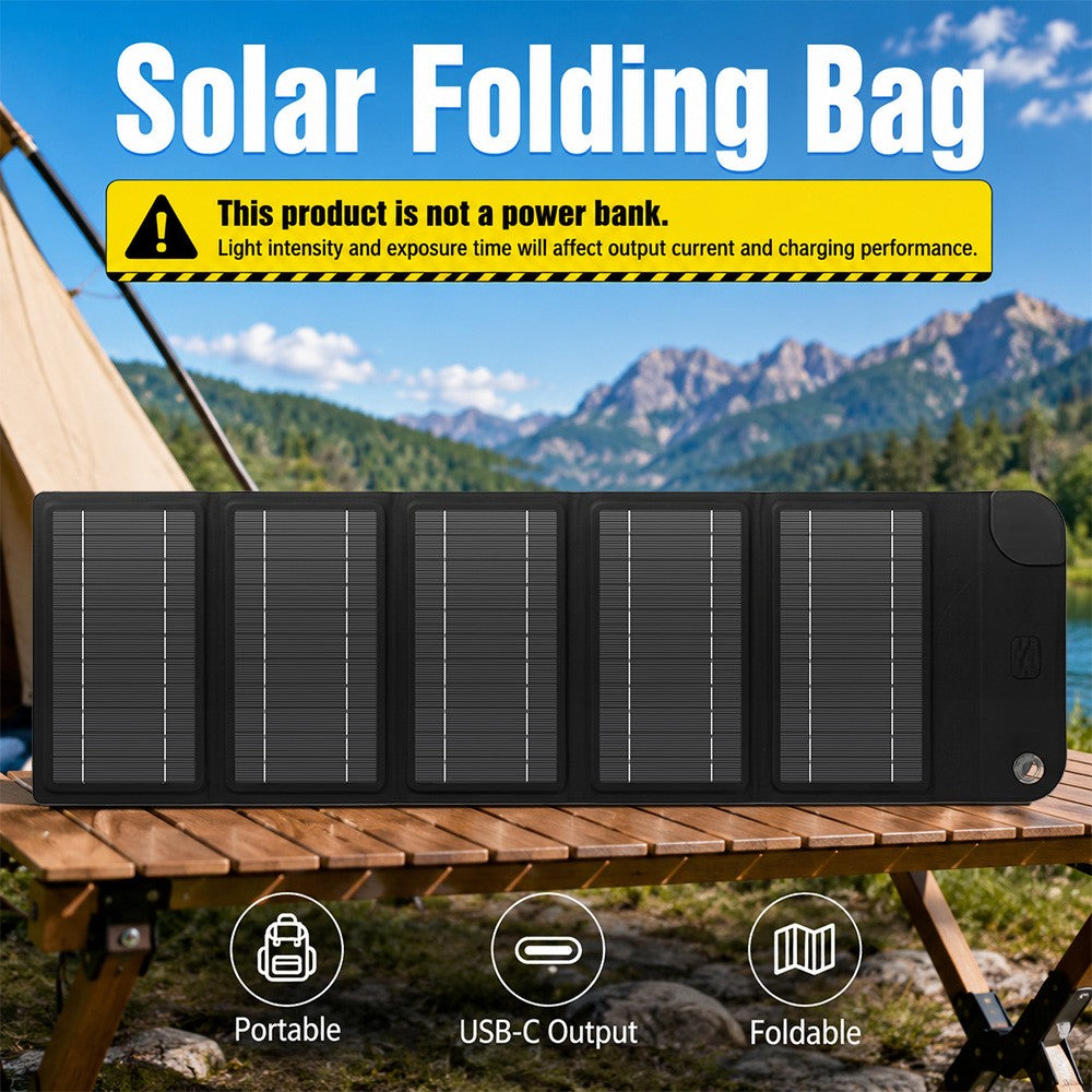 12W Solar Panel Charger 5-Fold Portable Solar Power Bank with USB-C Output for Outdoor Camping