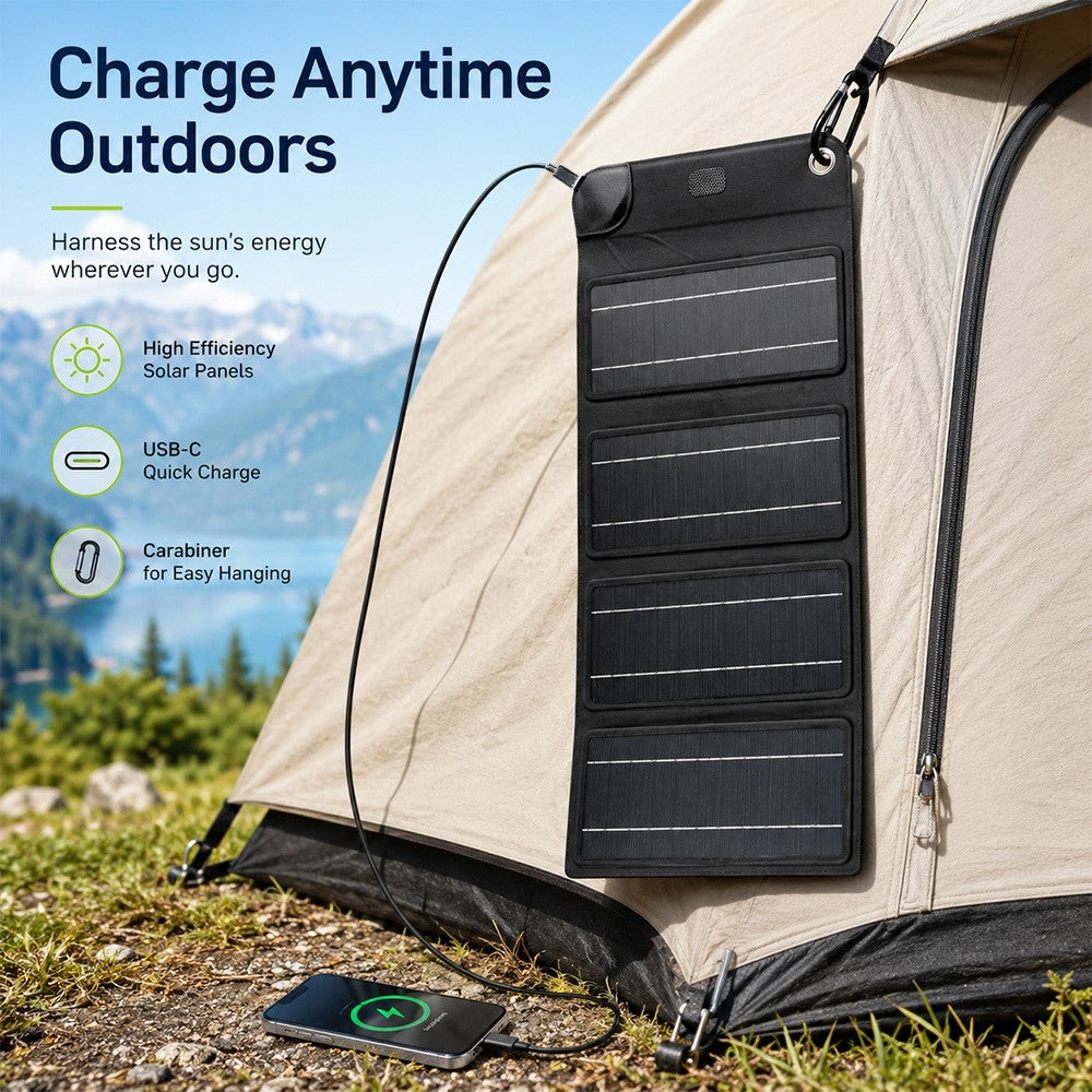 10W Solar Panel Charger 4-Fold Portable Power Bank with USB-C Output for Outdoor Camping