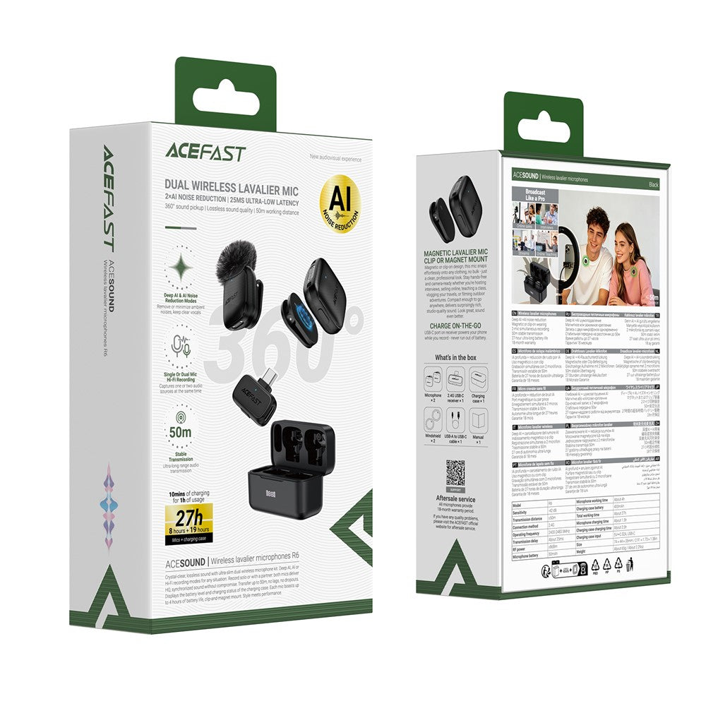 ACEFAST R6 Dual Wireless Lavalier Microphone AI Noise Reduction 360° Pickup 25ms Low Latency