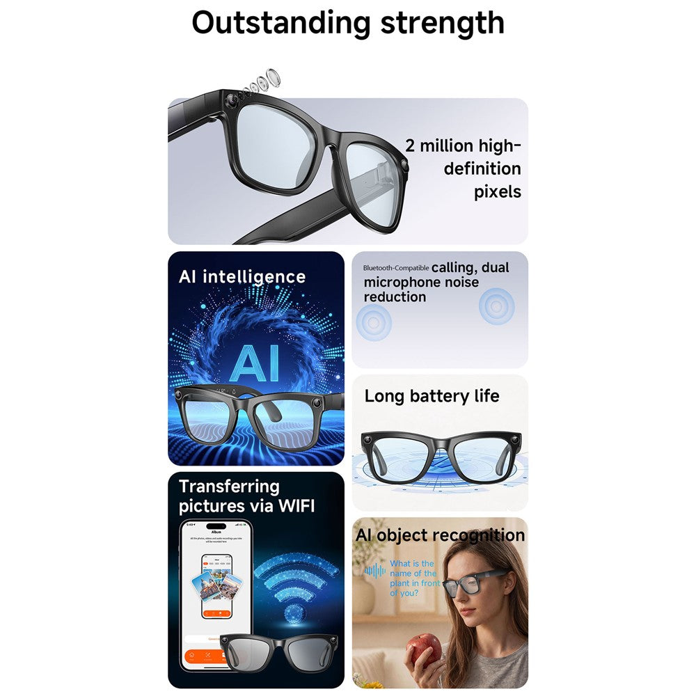 GM6 Bluetooth-compatible Music Smart Glasses with 2MP Camera Video Recording AI Translation