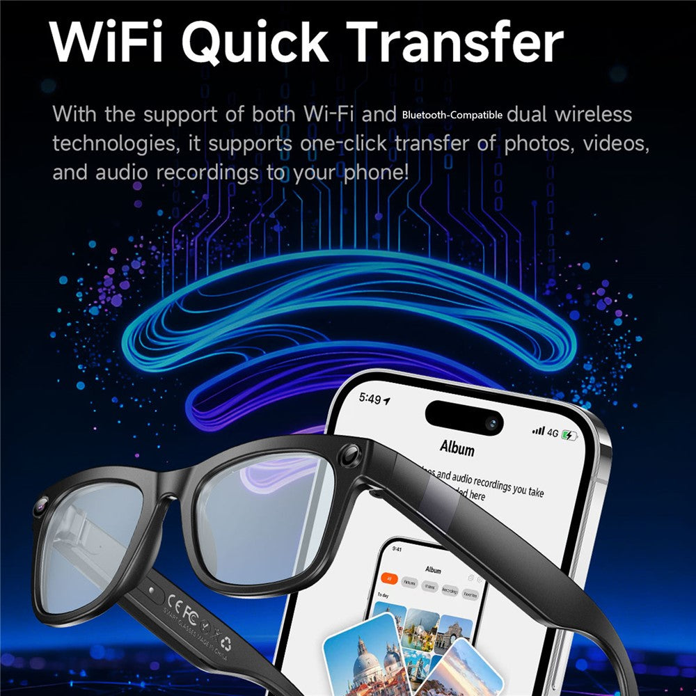GM6 Bluetooth-compatible Music Smart Glasses with 2MP Camera Video Recording AI Translation