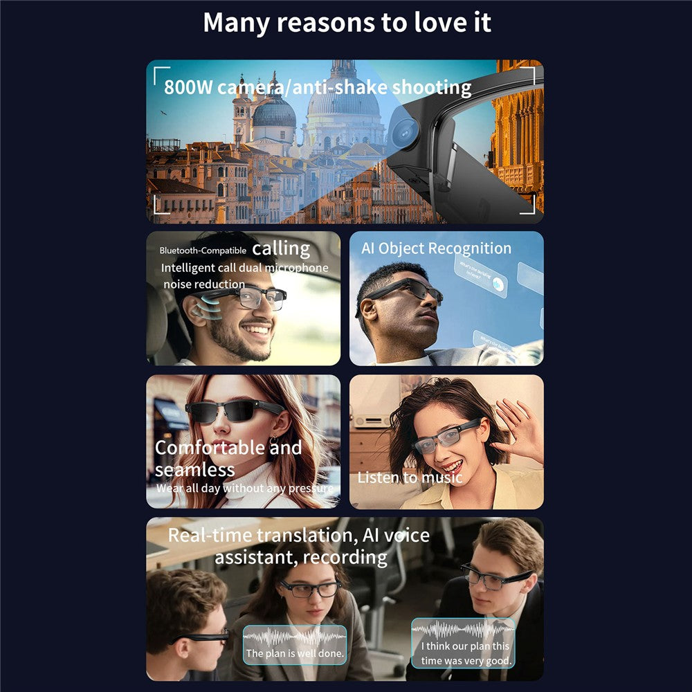 L802 8MP Camera Smart Glasses AI Real-time Translation Video Recording Bluetooth-compatible Calling (APP: Genimiro)