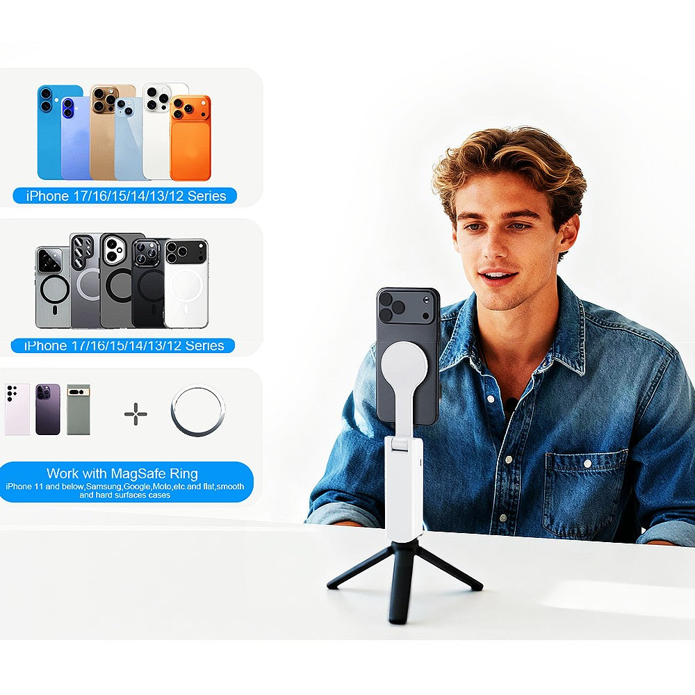 YUSSOT 3-i-1 Håndholdt Selfie Stick 15W Trådløs Oplader 10000mAh Magnetisk Powerbank med Foldbar Telefonholder til Rejse-Vlogging
