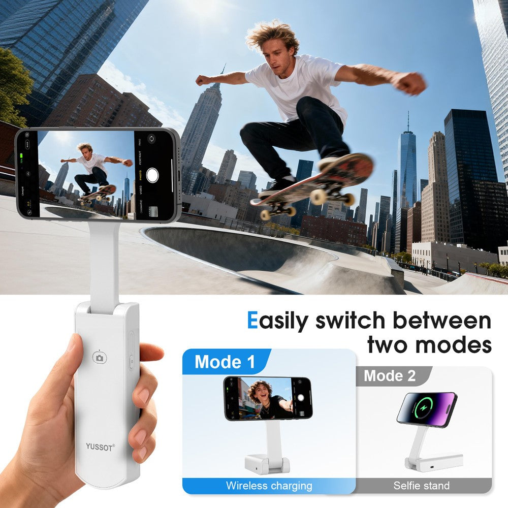 YUSSOT 3-i-1 Håndholdt Selfie Stick 15W Trådløs Oplader 10000mAh Magnetisk Powerbank med Foldbar Telefonholder til Rejse-Vlogging