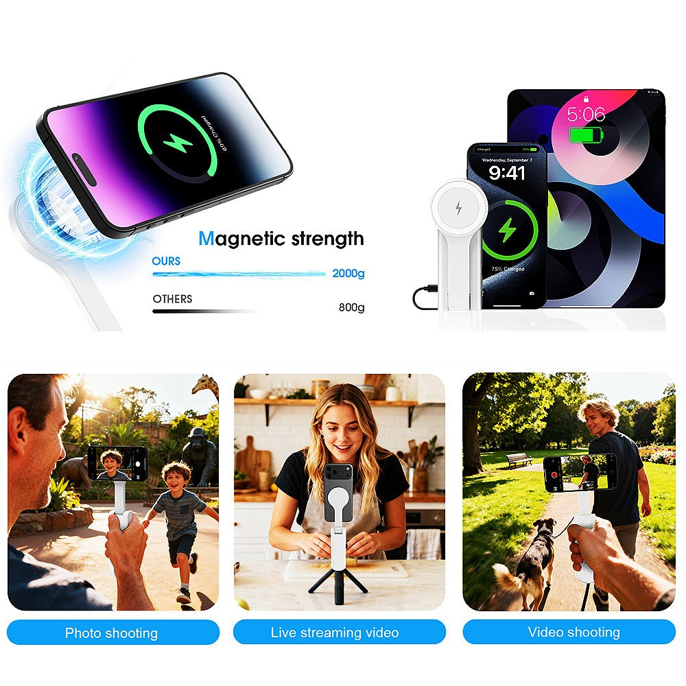 YUSSOT 3-i-1 Håndholdt Selfie Stick 15W Trådløs Oplader 10000mAh Magnetisk Powerbank med Foldbar Telefonholder til Rejse-Vlogging
