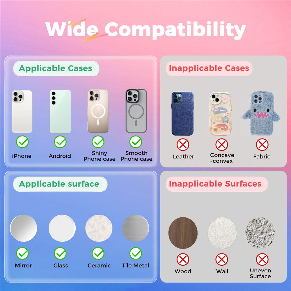 AHASTYLE WG206 Silicone Suction Cup Phone Mount Sticky Phone Grip Built-in Mirror for Selfie Makeup Video Calls