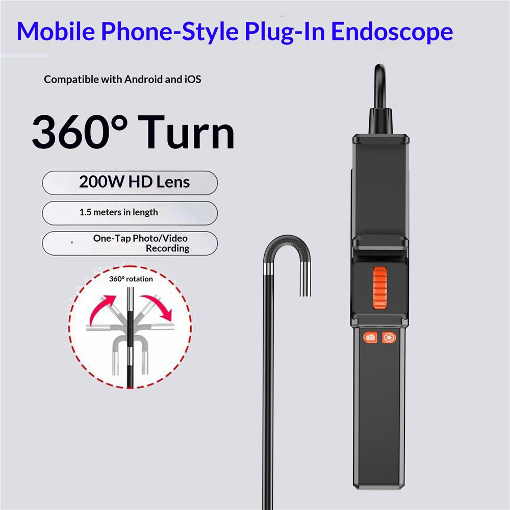 Z01 USB Endoscope with 1.5m Cable 6.5mm Single Lens Dual Direction Borescope Camera for iOS Android Automotive Plumbing Pipe Detection
