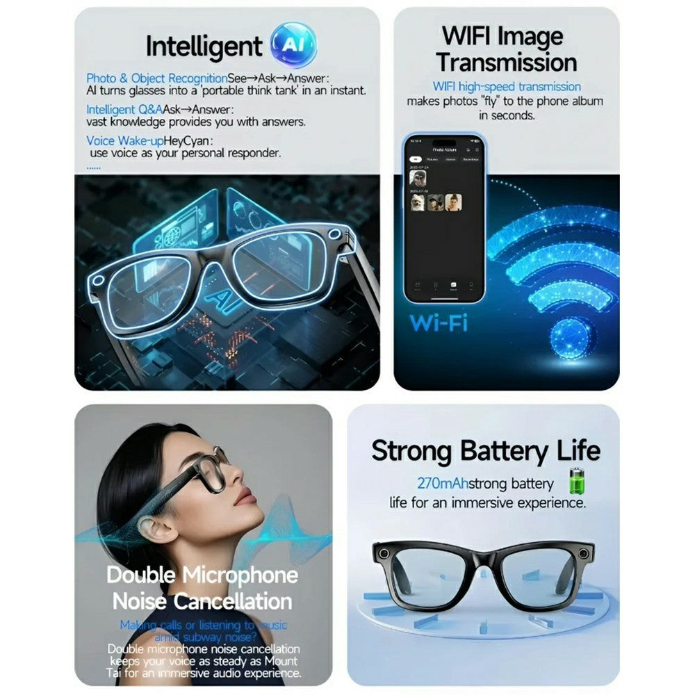 AI-G1 Smarta Glasögon 8MP Kamera AI-översättning Videoinspelning Bluetooth-kompatibel Samtalsmusik med Brusreducering med Dubbel Mikrofon