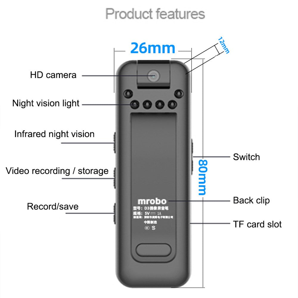 MROBO 16G Portable 1080P Voice Recorder with Back Clip 180 Degree Rotating Camera Noise Reduction Audio Recording Device