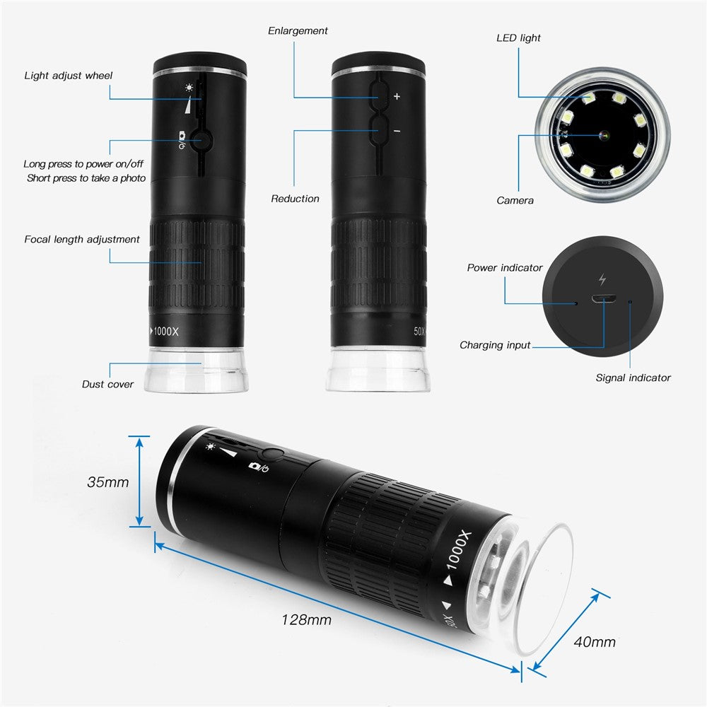 F210 WiFi Portable Digital Microscope 50-1000X Magnification Mini Wireless Microscope with Holder / Base for Beauty Therapy, Circuit Soldering