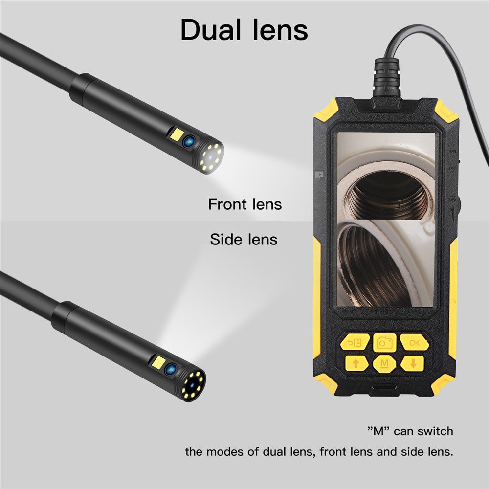 P50 5.5mm Dual Lens Industrial Endoscope IP68 Waterproof 4.5 Inch IPS Inspection Camera with LED Light and 5m Rigid Cable