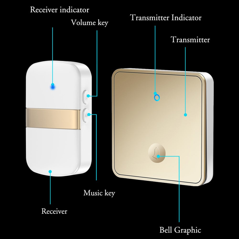 CACAZI FA96 Smart Home alarmsystem, 60 klokker, selvdrevet trådløs dørklokke (Type 86 stor knap), 1 sender+2 modtagere