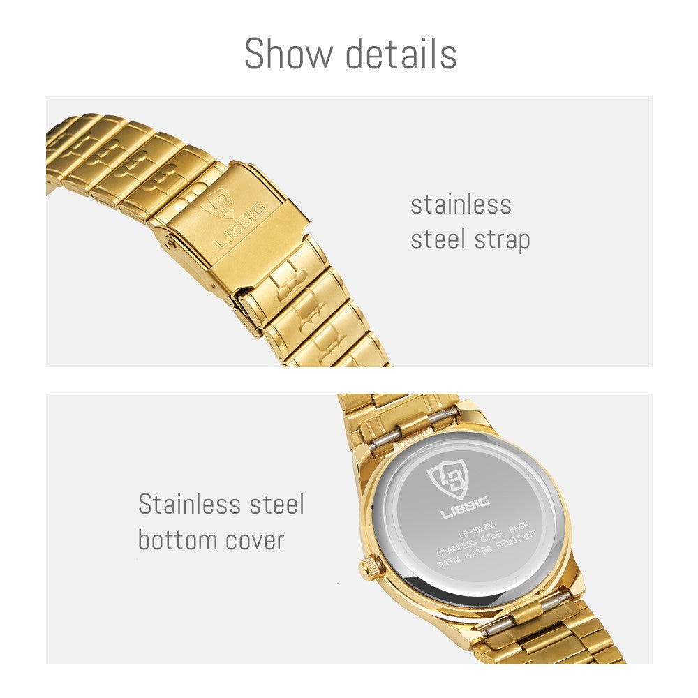 LIEBIG L1023 analogt quartz-armbåndsur med rund urskive, parkur og rem af rustfrit stål