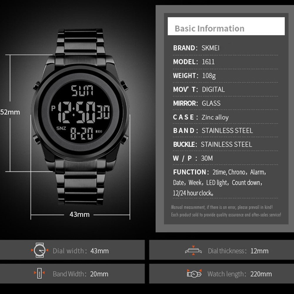 SKMEI 1611 Simple Business Men's Watch Multifunctional Steel Strap Electronic Watch with Luminous Display