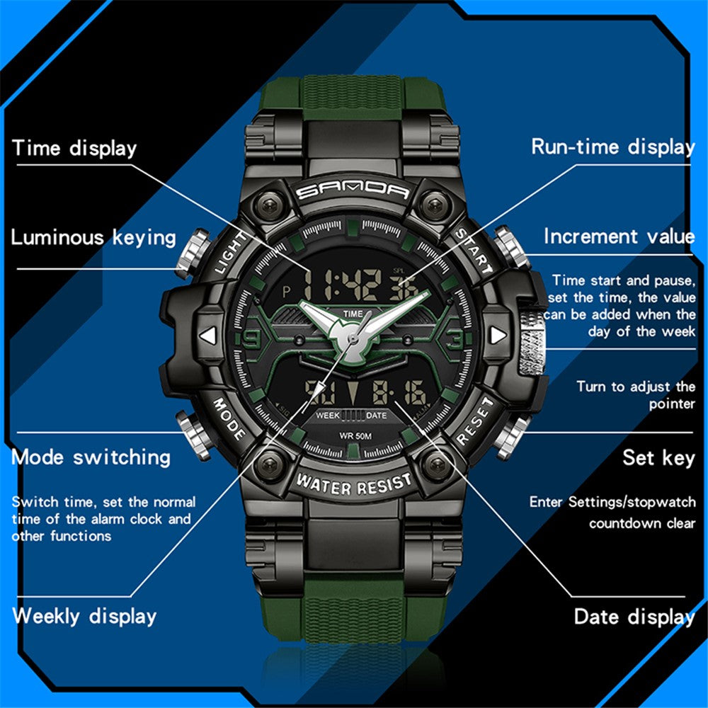 SANDA 3186 Fashionable Cool Luminous Display Watch Multifunction 50m Waterproof Electronic Watch