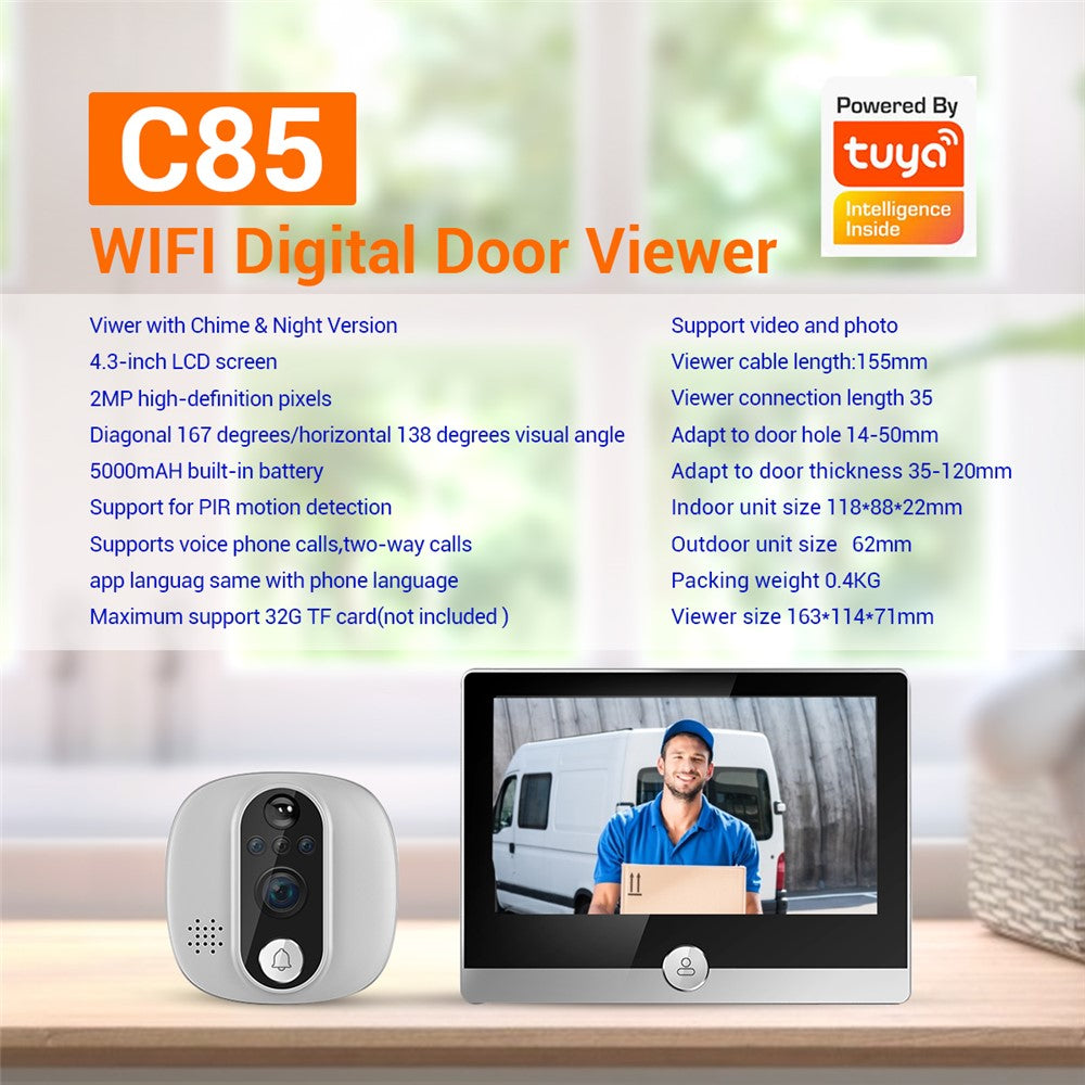 C85 Doorbell Camera 1080P PIR Motion Detection Digital Peephole Door Viewer Two-Way Call