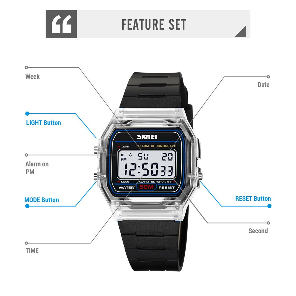SKMEI 2056 Fashion Square Wrist Watch TPU Strap EL Backlight Electronic Watch