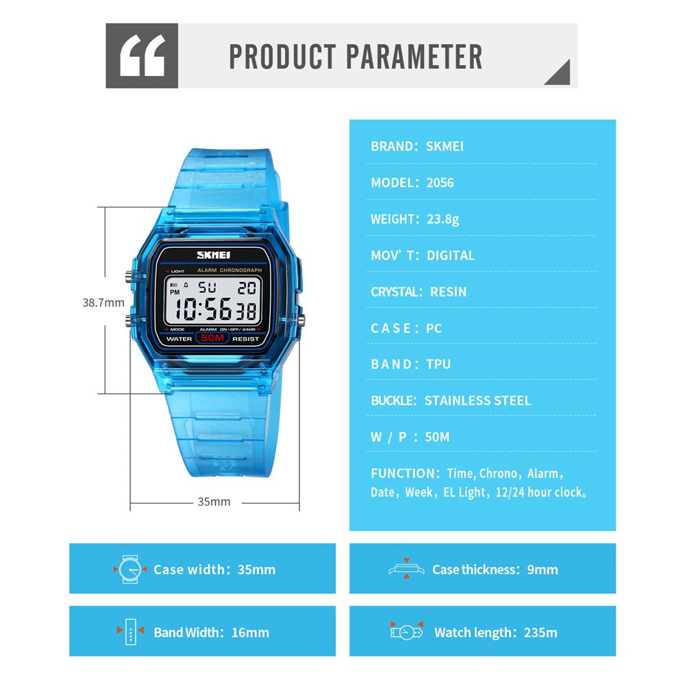 SKMEI 2056 Fashion Square Wrist Watch TPU Strap EL Backlight Electronic Watch