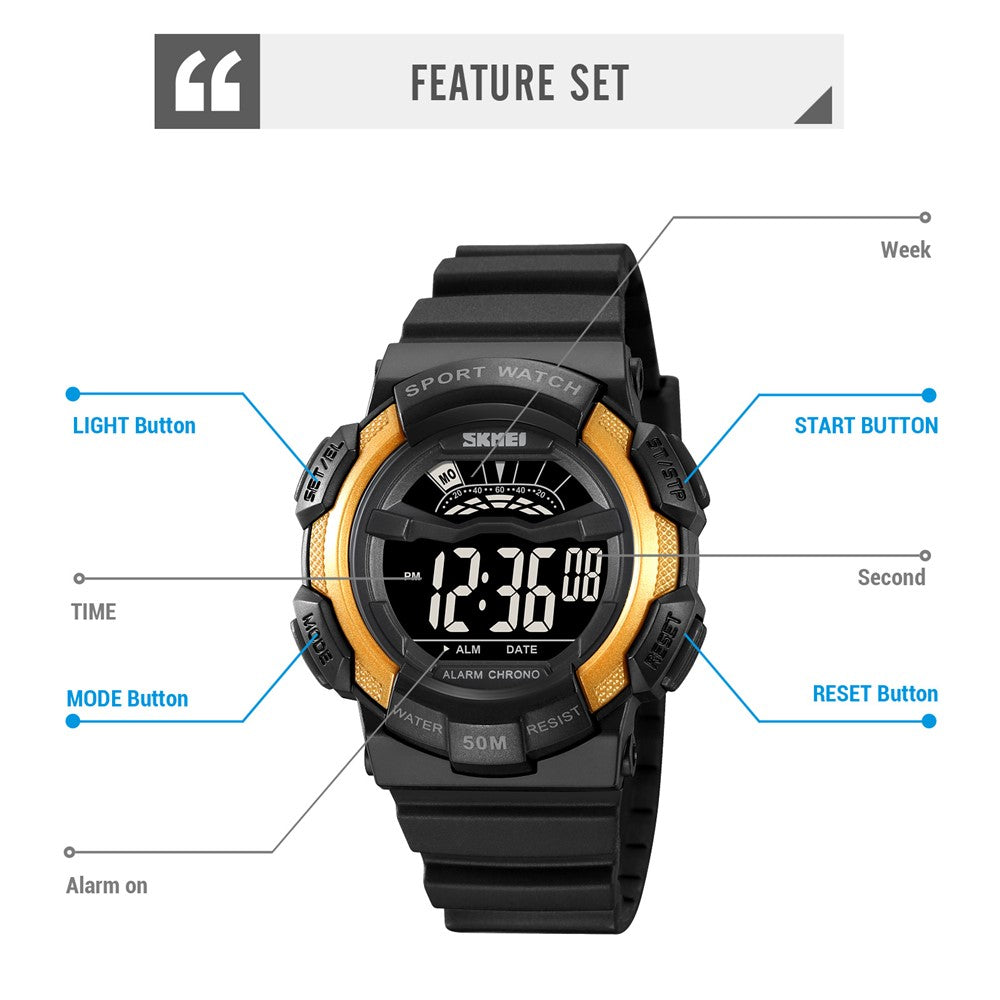 SKMEI 2153 50m Waterproof Wrist Watch TPU Strap EL Backlight Electronic Watch