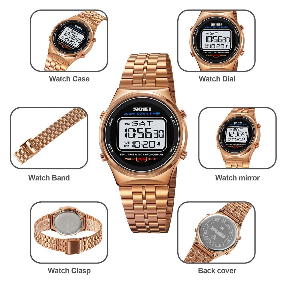SKMEI 1882 Electronic Watch Stainless Steel Strap Multifunction Wristwatch