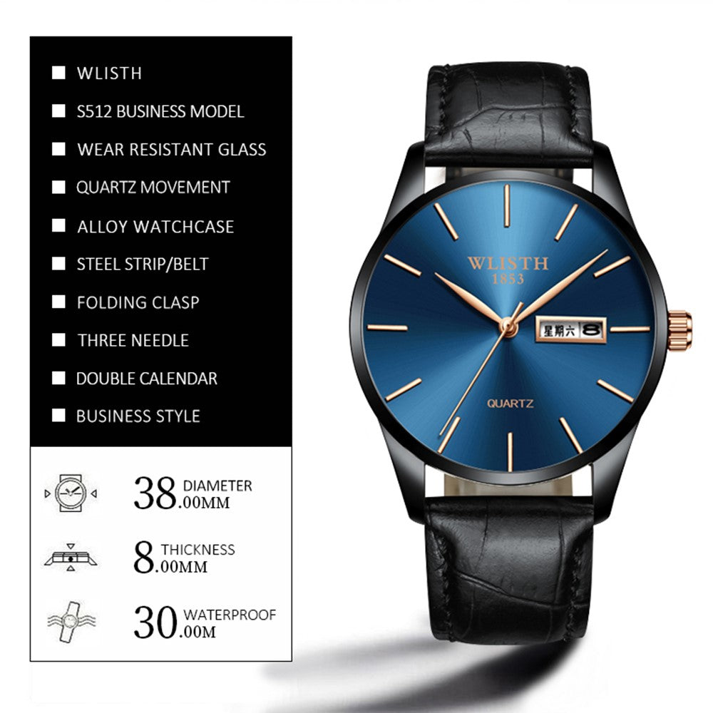 WLISTH S512 No Number Dial Date Week Display Luminous Quartz Wrist Watch
