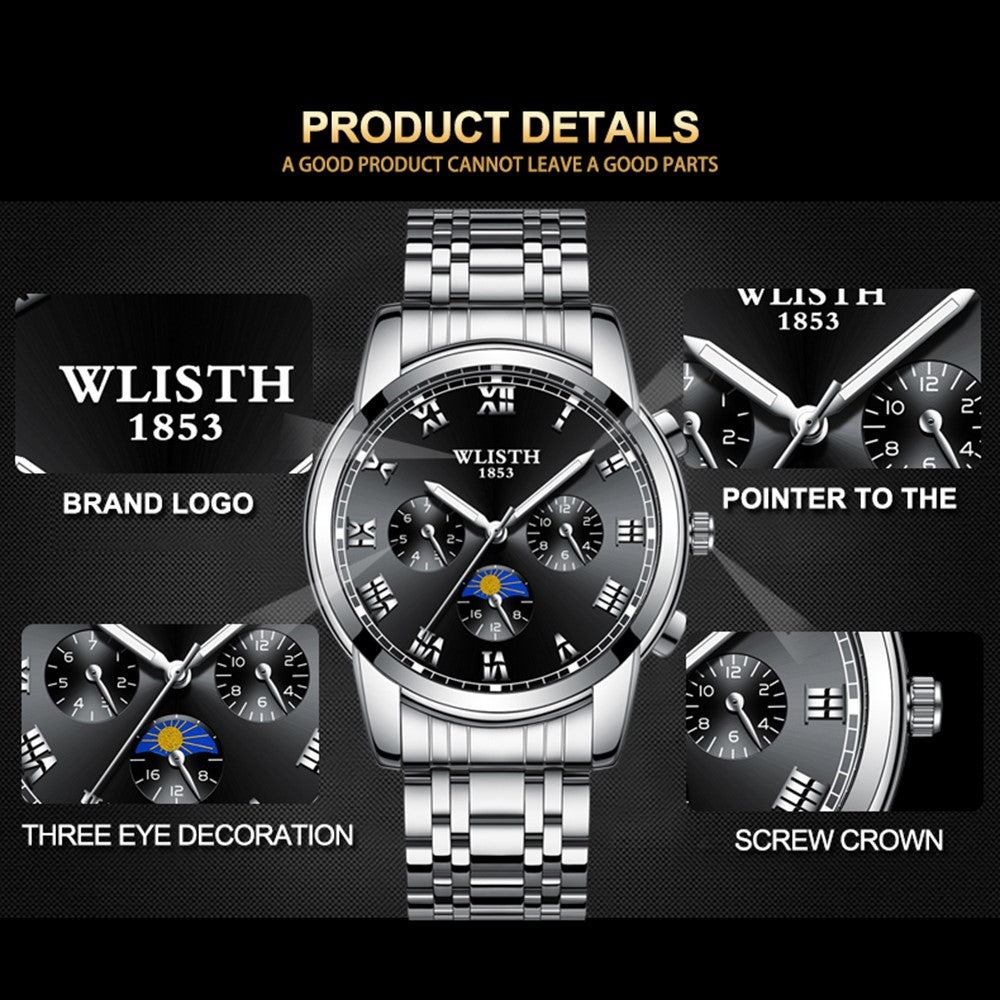 WLISTH S509 Business Men Luminous Quartz Watch with 3 Decorative Small Dials