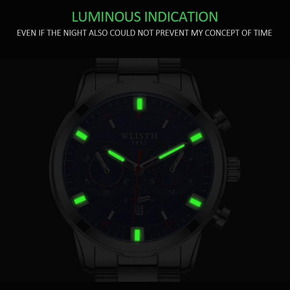 WLISTH S508 Men Calendar Luminous Quartz Watch with 3 Decorative Dials