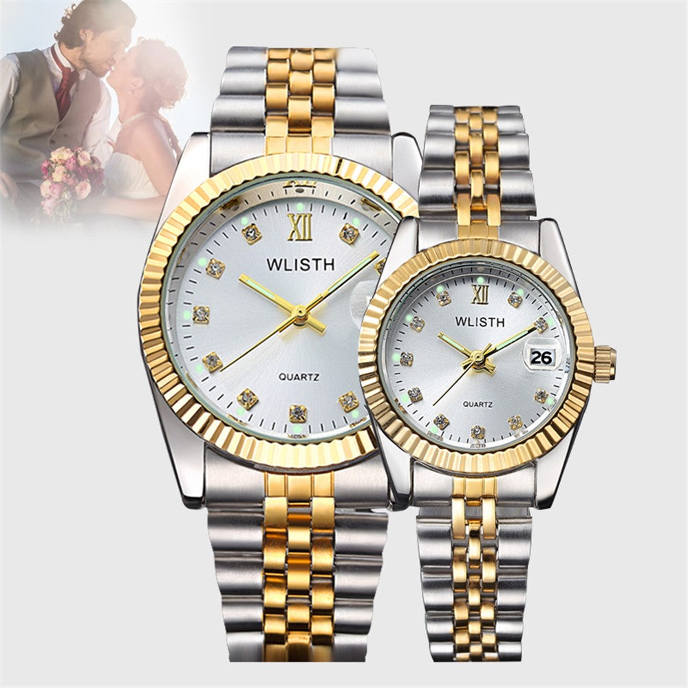 WLISTH Q354 Calendar Display Luminous Couple Quartz Watch with Steel Strap
