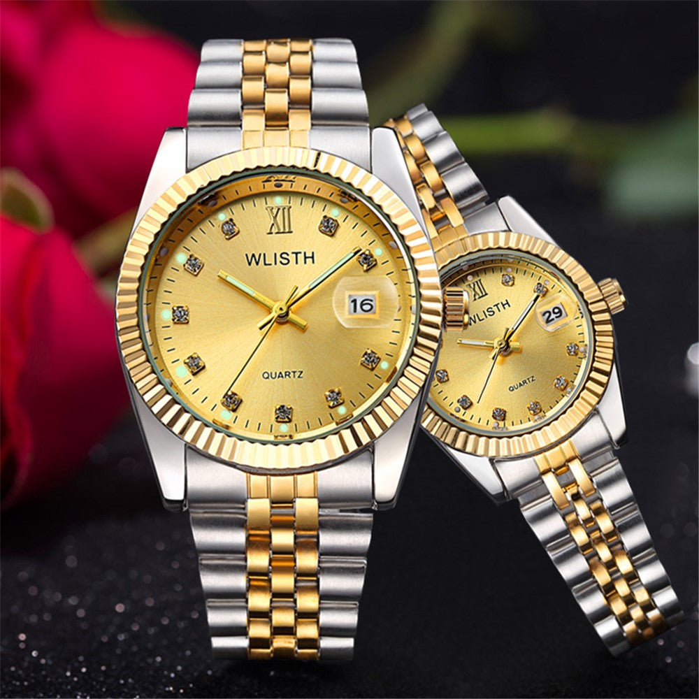 WLISTH Q354 Calendar Display Luminous Couple Quartz Watch with Steel Strap