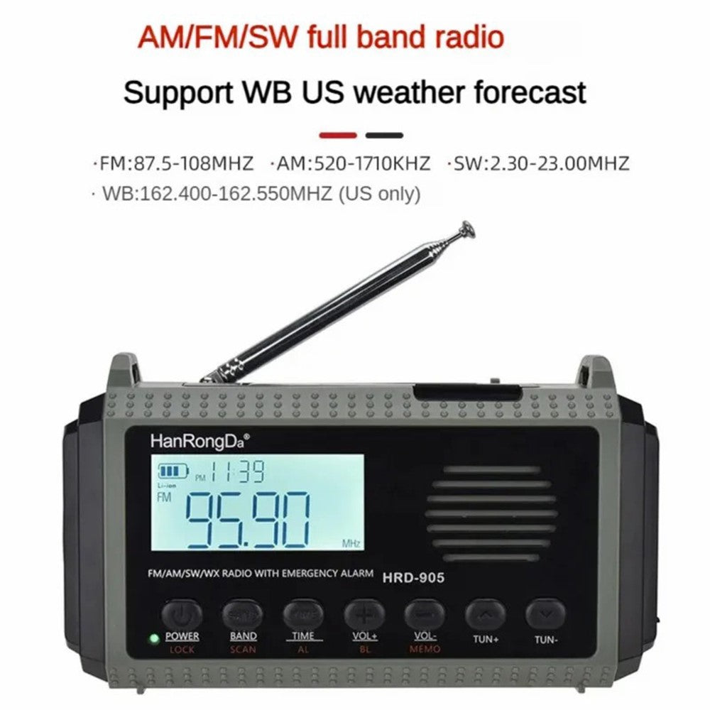 HANRONGDA HRD905 Emergency Weather Radio Solar Hand Crank Battery Operated Portable AM / FM / SW Radio