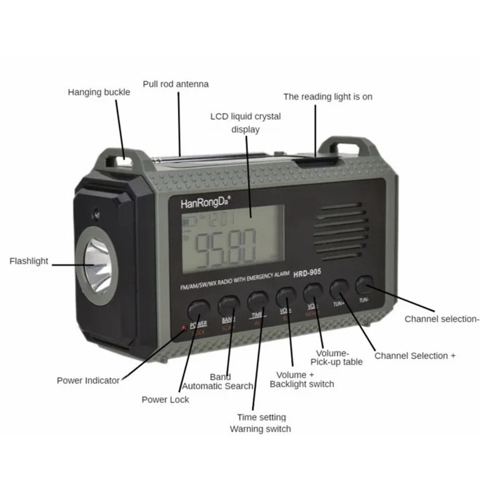 HANRONGDA HRD905 Emergency Weather Radio Solar Hand Crank Battery Operated Portable AM / FM / SW Radio
