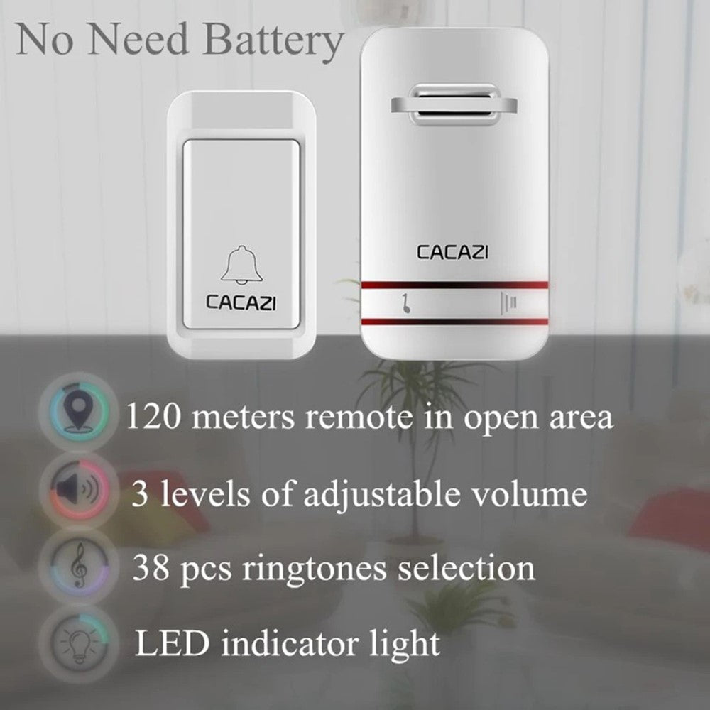 CACAZI V027G 38 Ringtones Self-powered Wireless Doorbell, 1 Transmitter + 1 Receiver