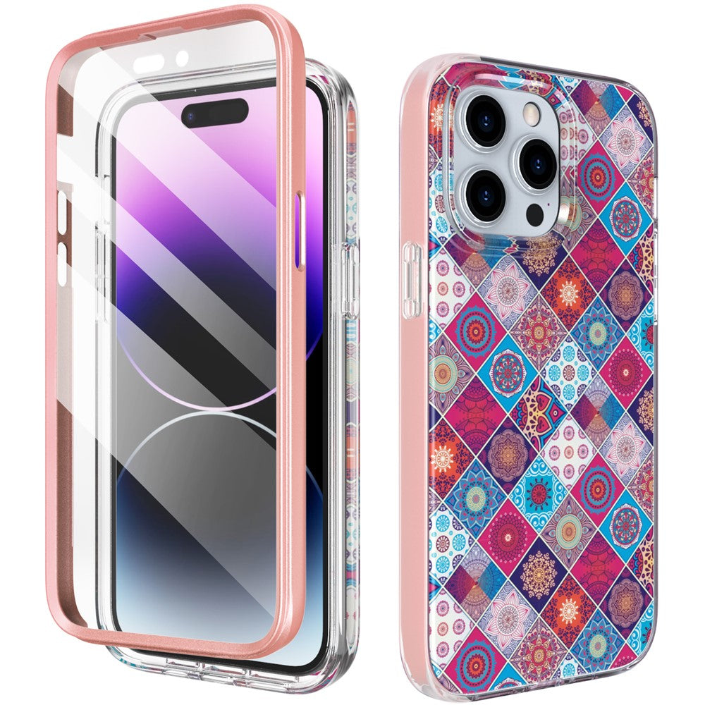 AHASTYLE WE13 For iPhone 14 Pro Max Case Pattern IMD PC+TPU Phone Cover Built-In Screen Protector