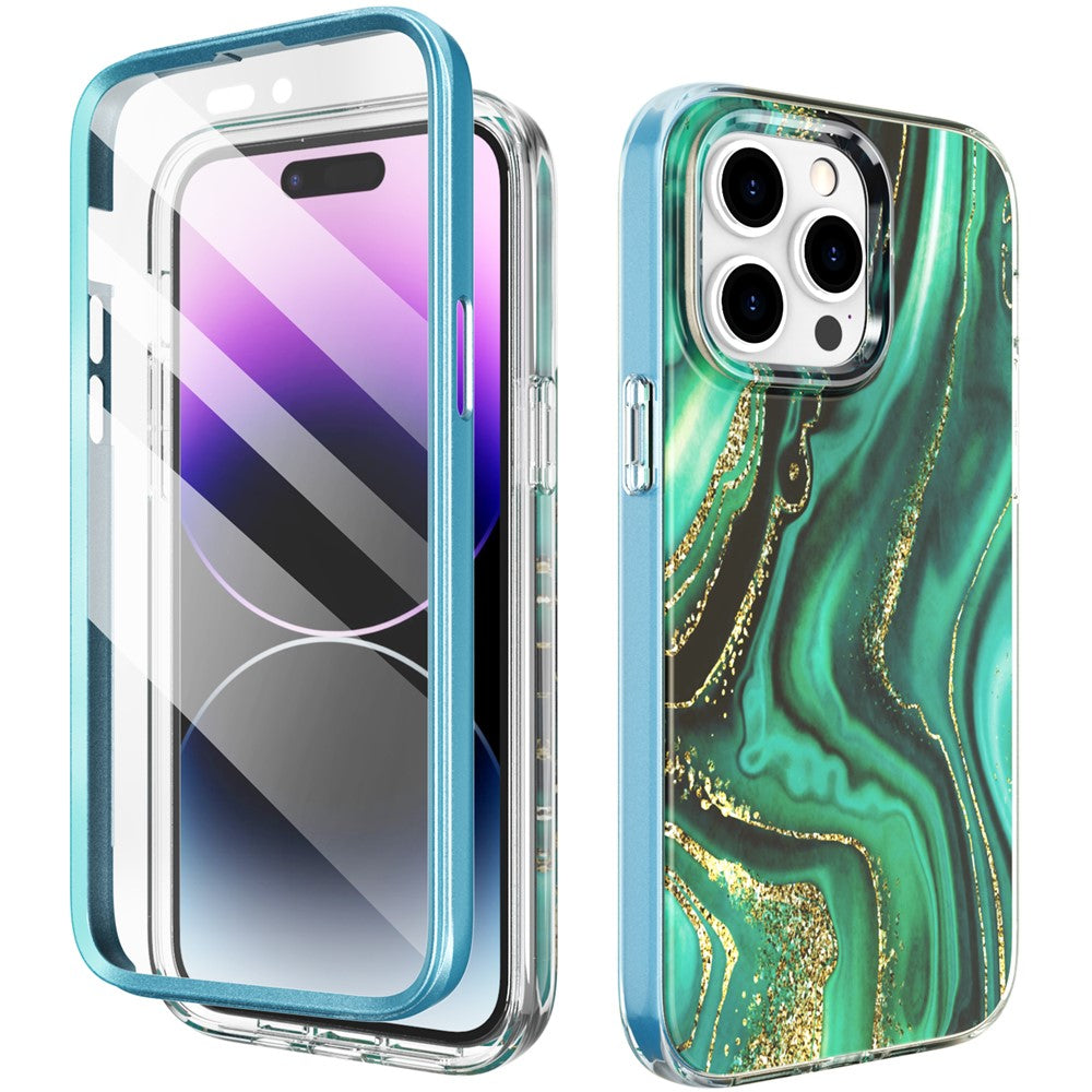 AHASTYLE WE13 For iPhone 14 Pro Max Case Pattern IMD PC+TPU Phone Cover Built-In Screen Protector
