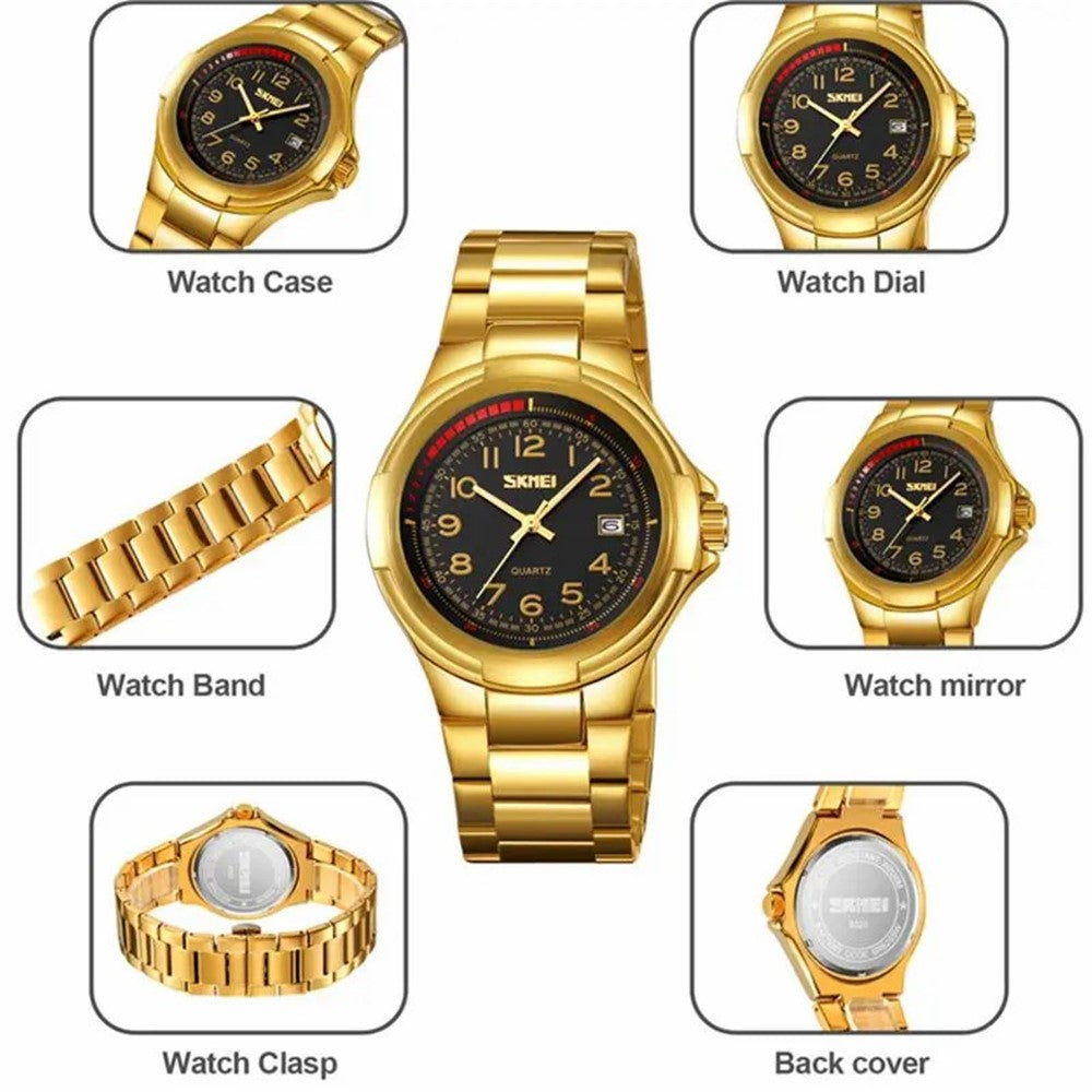 SKMEI 9320 Vintage Date Display Luminous Pointer Quartz Watch with Stainless Steel Strap