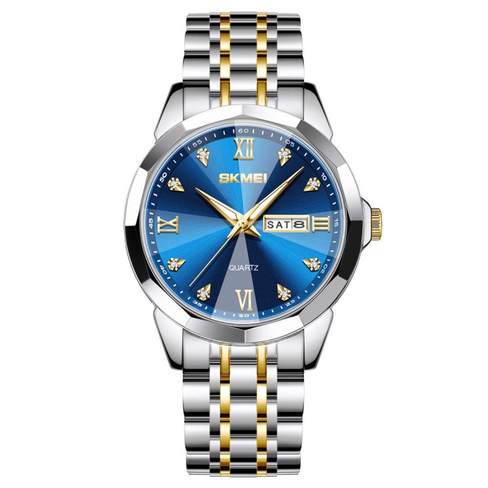 SKMEI 7070 Weekday Date Display Stainless Steel Strap Quartz Wrist Watch for Men / Women