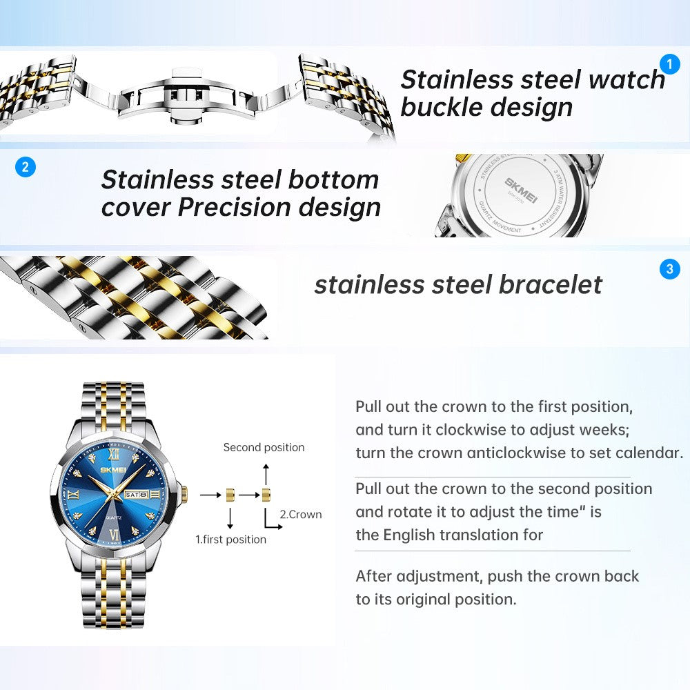 SKMEI 7070 Weekday Date Display Stainless Steel Strap Quartz Wrist Watch for Men / Women