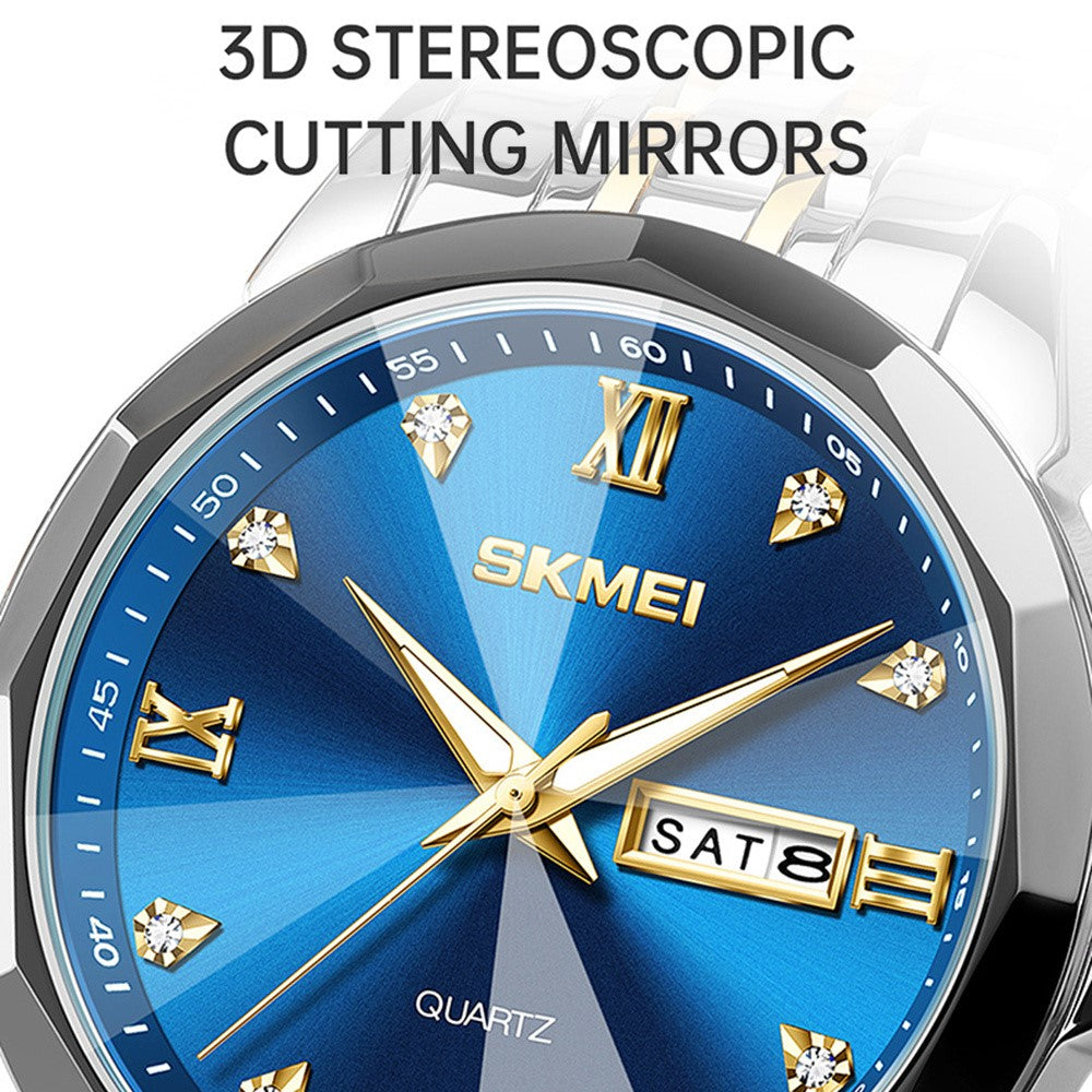 SKMEI 7070 Weekday Date Display Stainless Steel Strap Quartz Wrist Watch for Men / Women