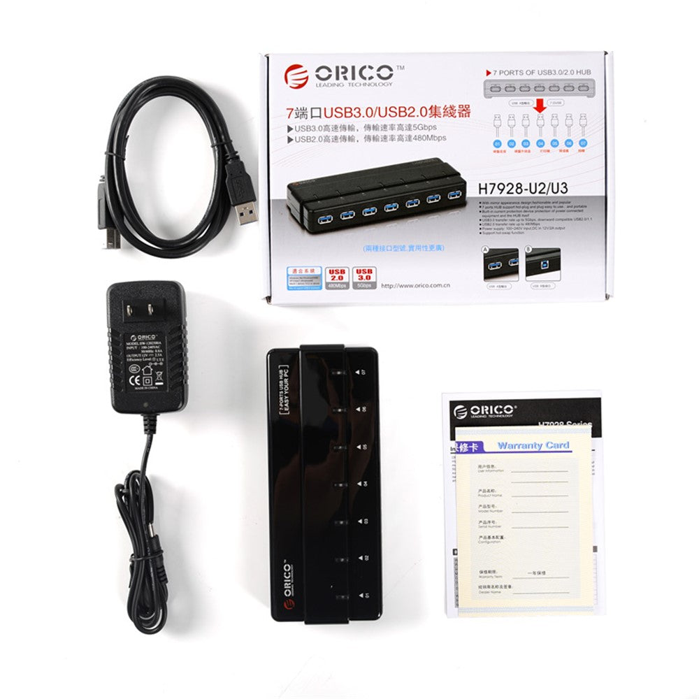 ORICO ABS 7-ports USB 3.0-HUB med strømadapter og kabel (H7928-U3)