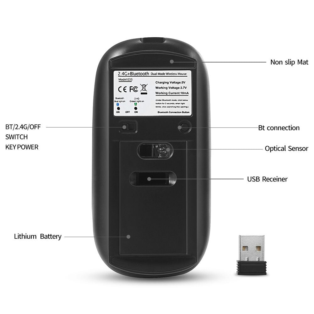 Aluminum Alloy Rechargeable 2.4G Wireless Mouse Bluetooth-compatible Mute Mice Dual Mode