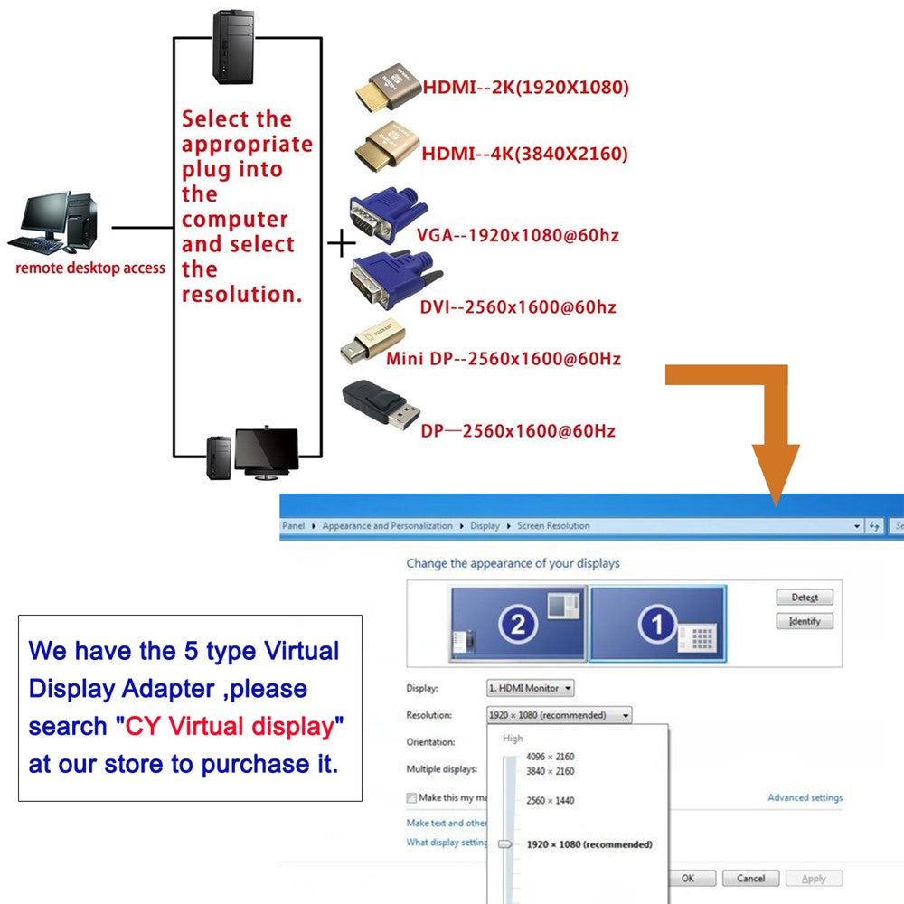 Virtual Display Adapter VGA RGB Monitor Dummy Plug Headless Ghost Display Emulator 1920x1080P@60Hz