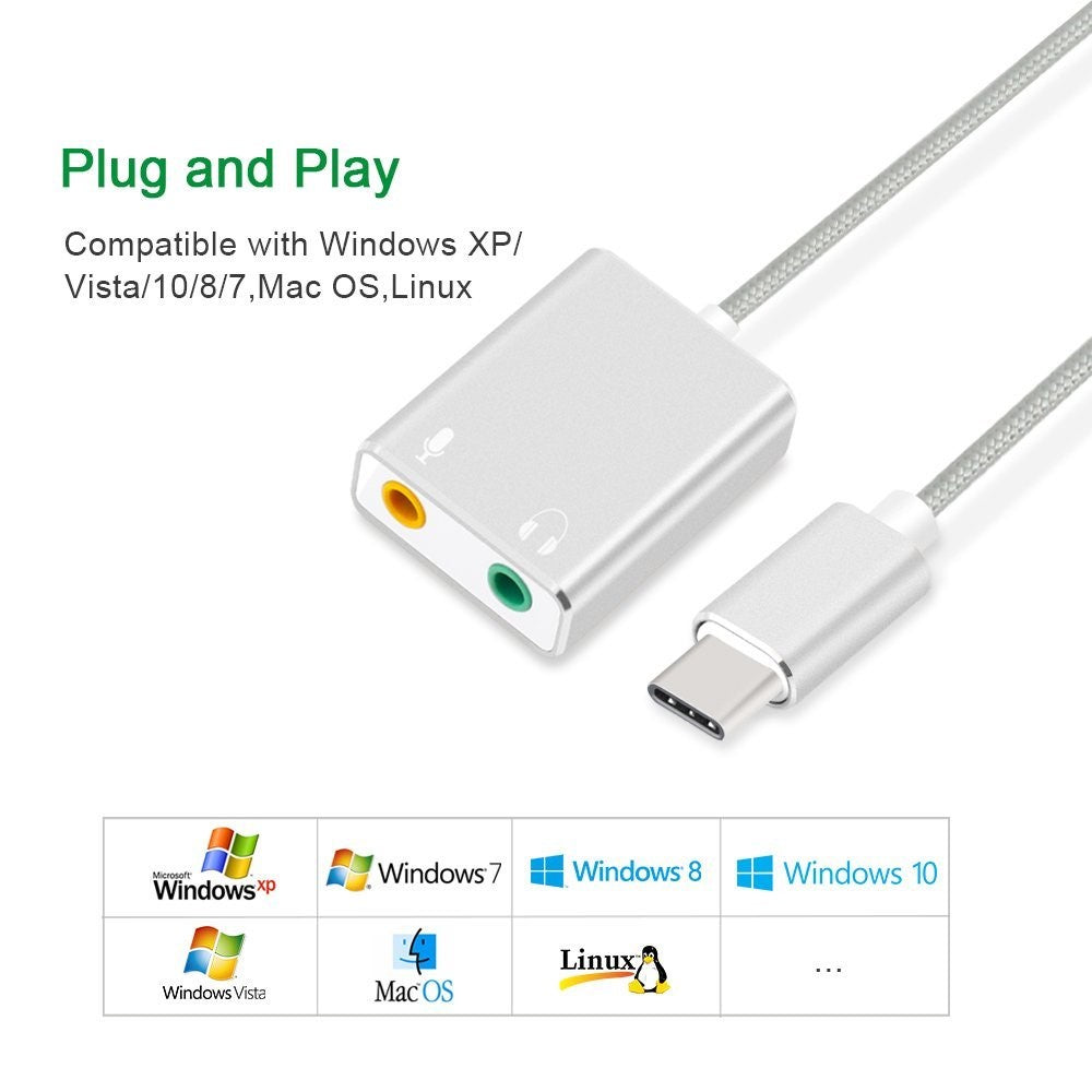 Typ-C ljudadapter extern stereoljudkortsadapter med 3,5 mm hörlursuttag och mikrofonuttag